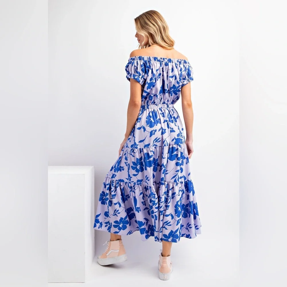 NEW Easel Floral Print Off Shoulder Challis Maxi Dress Sz S Tie Waist Sundress - Picture 3 of 10